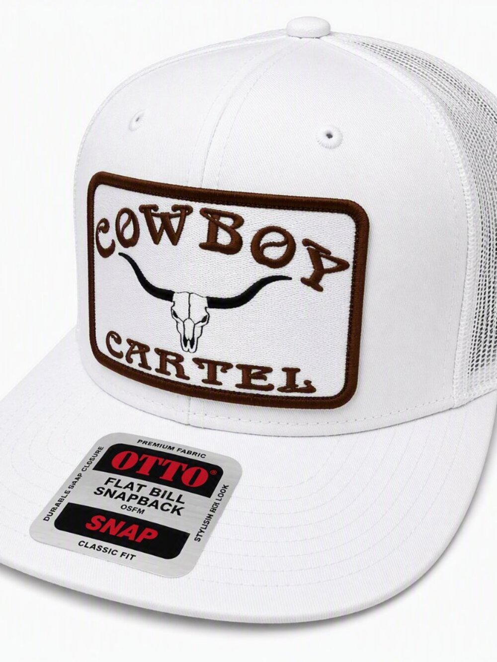 Cowboy Cartel Embroidered Patch Flat Bill Trucker Mesh Cap Hat White Snapback